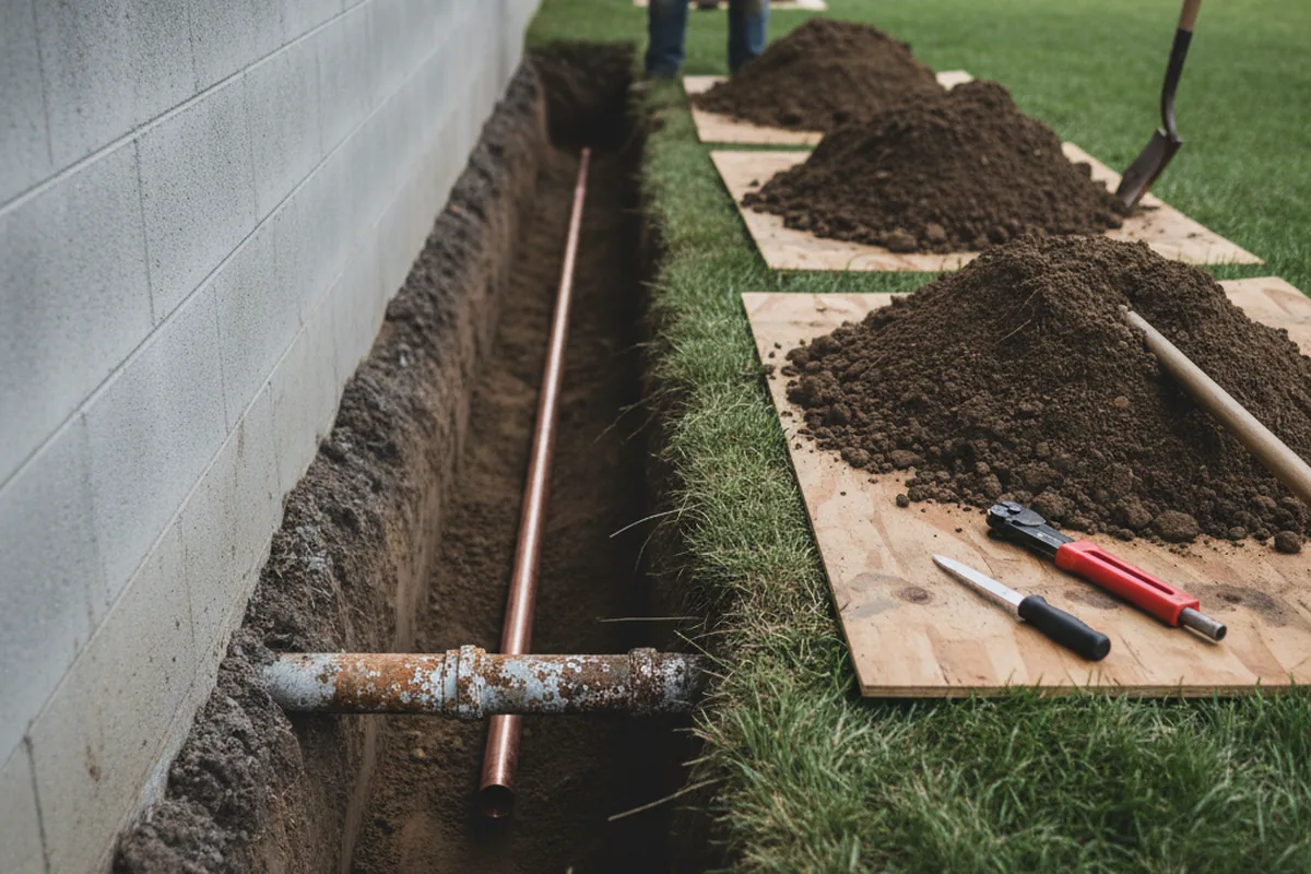 Excavated water line trench during Sewer Line Repair in Brandamore